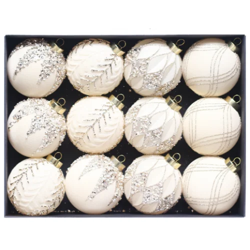 Beige-yellow 12-Piece 8cm Christmas Bauble Set - Colorful