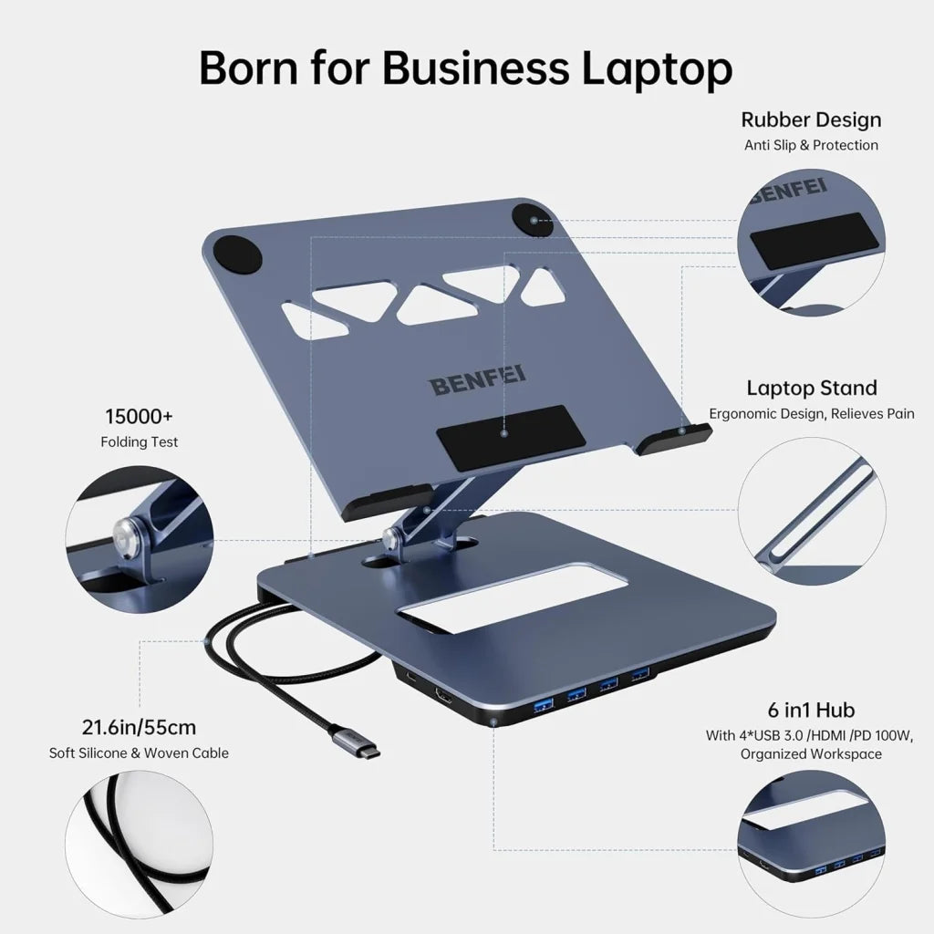 BENFEI 380GY Laptop Stand with USB C 6 in1 4K@60Hz HDMI 4 x