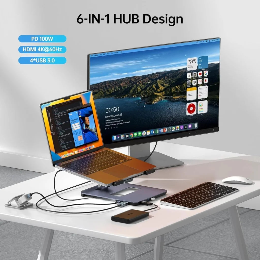 BENFEI 380GY Laptop Stand with USB C 6 in1 4K@60Hz HDMI 4 x