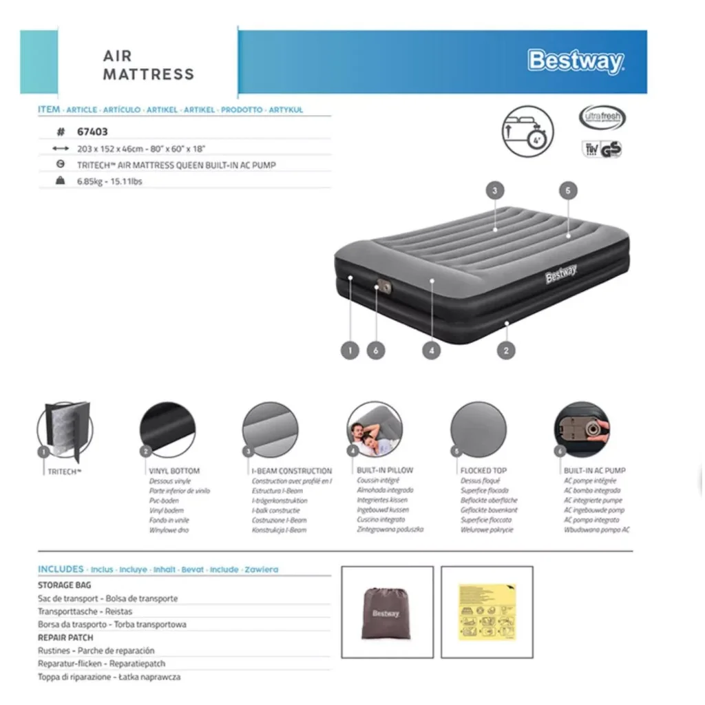 Bestway 2.03m x 1.52m x 46cm Tritech Air Mattress Queen