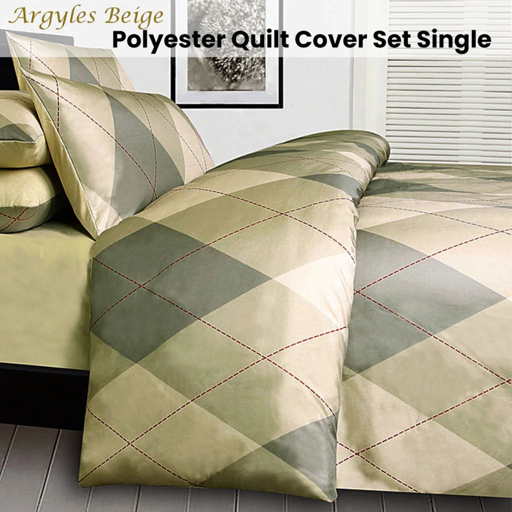 Big Sleep Argyles Beige Quilt Cover Set - Single - Home &