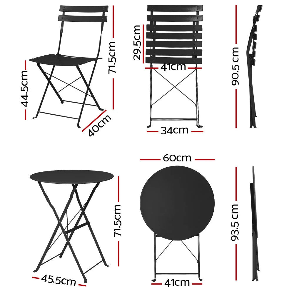 Black steel outdoor patio set with outdoor cushions and woven chair frames