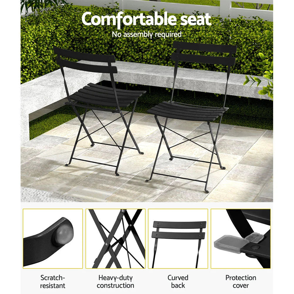 Black steel outdoor patio set with wicker chairs and matching side table
