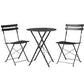 Black steel outdoor patio set with two patio seats and small glass-top table