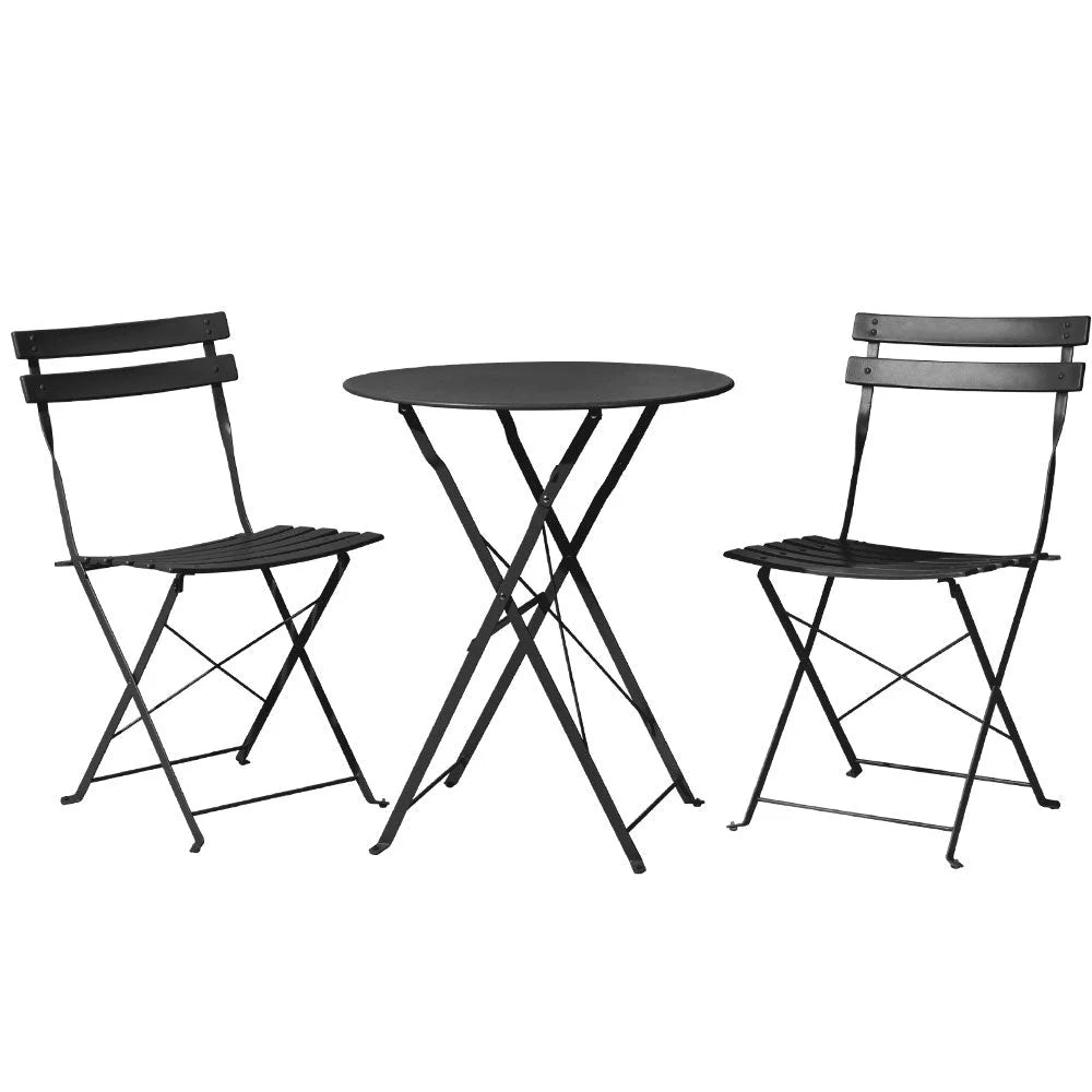 Black steel outdoor patio set with two patio seats and small glass-top table