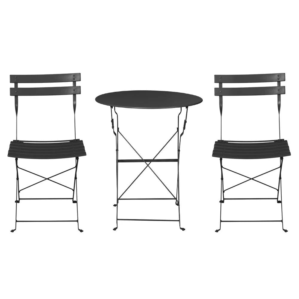 Black steel outdoor patio set with rattan armchairs and round coffee table