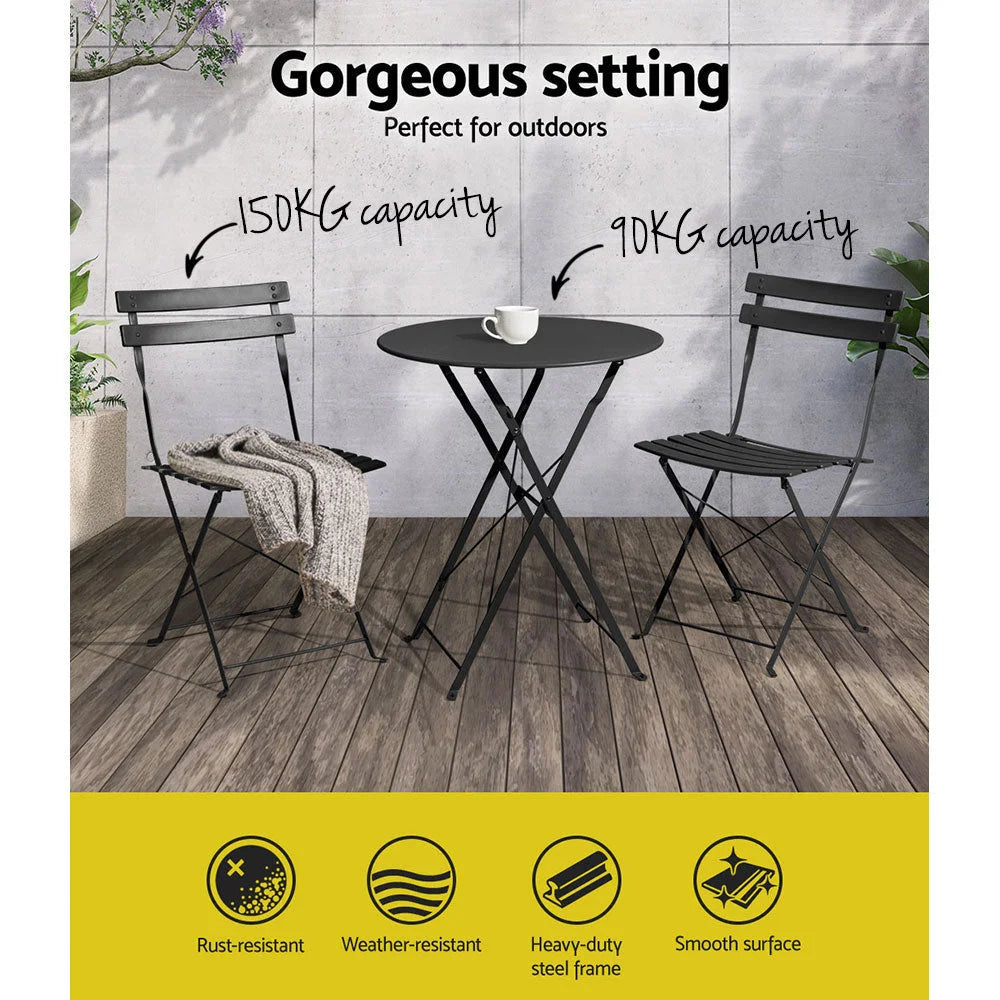 Black steel outdoor patio set with patio lounge chairs and low centre table