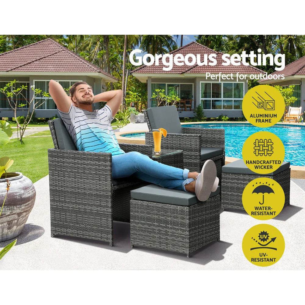 Bistro Set 5PC Wicker Table and Chairs Ottoman Outdoor