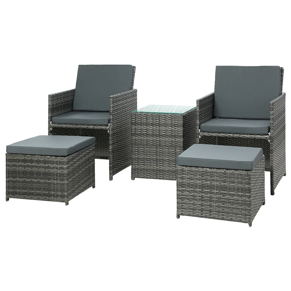 Bistro Set 5PC Wicker Table and Chairs Ottoman Outdoor