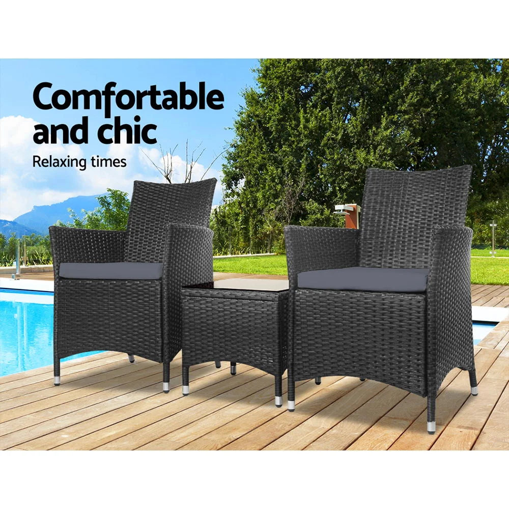 Black wicker bistro outdoor with compact layout and accessory details