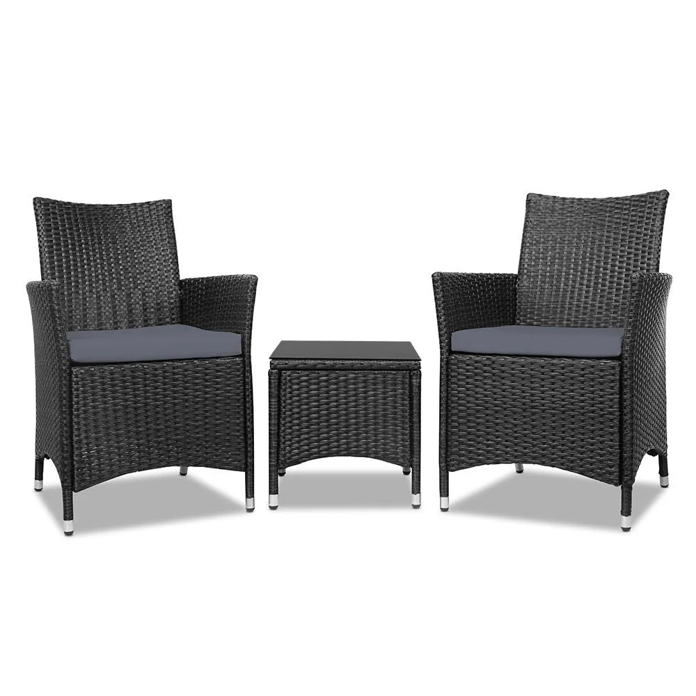 Black wicker bistro outdoor with assembled layout and visible hardware