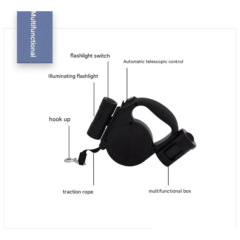 Black 3-in-1 Retractable Dog Leash with LED Flashlight &