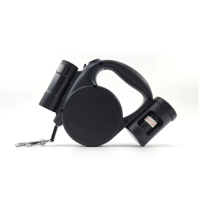 Black 3-in-1 Retractable Dog Leash with LED Flashlight &