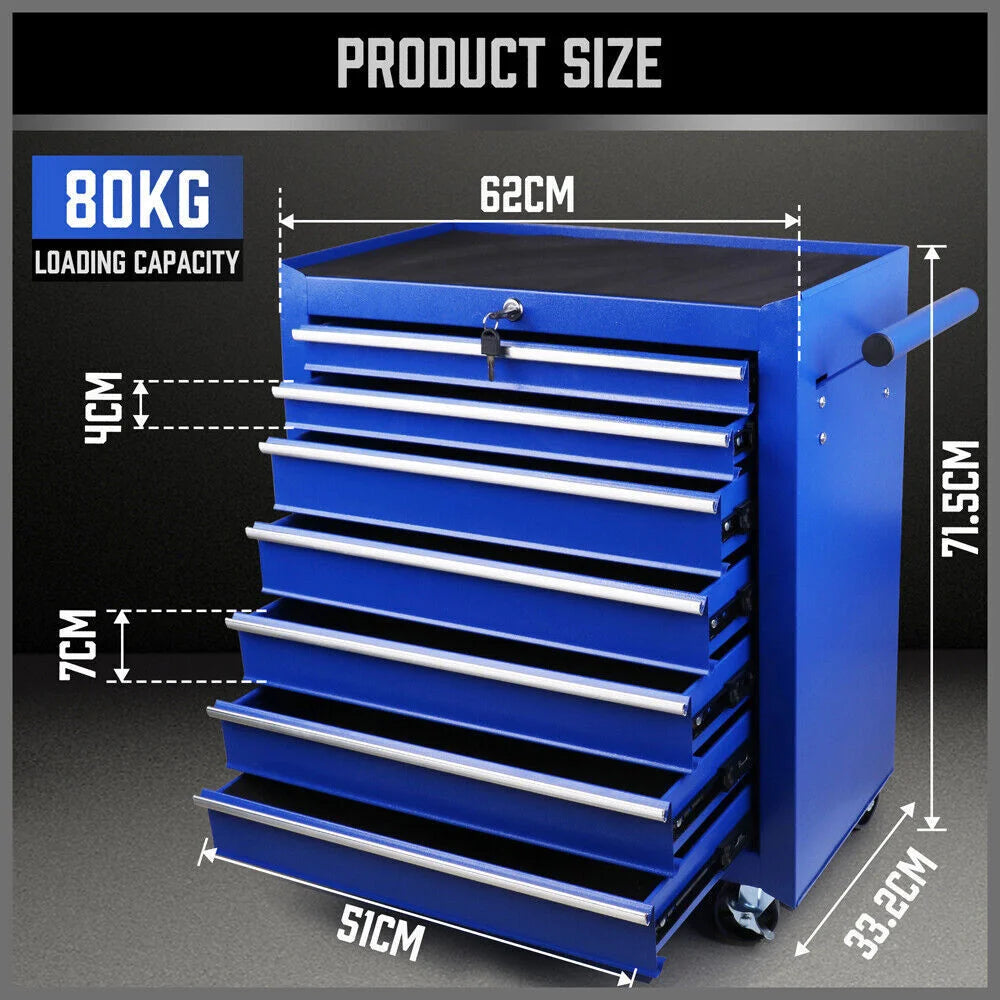 Black 7 Drawer Tool Box Trolley Cabinet Storage Cart Garage