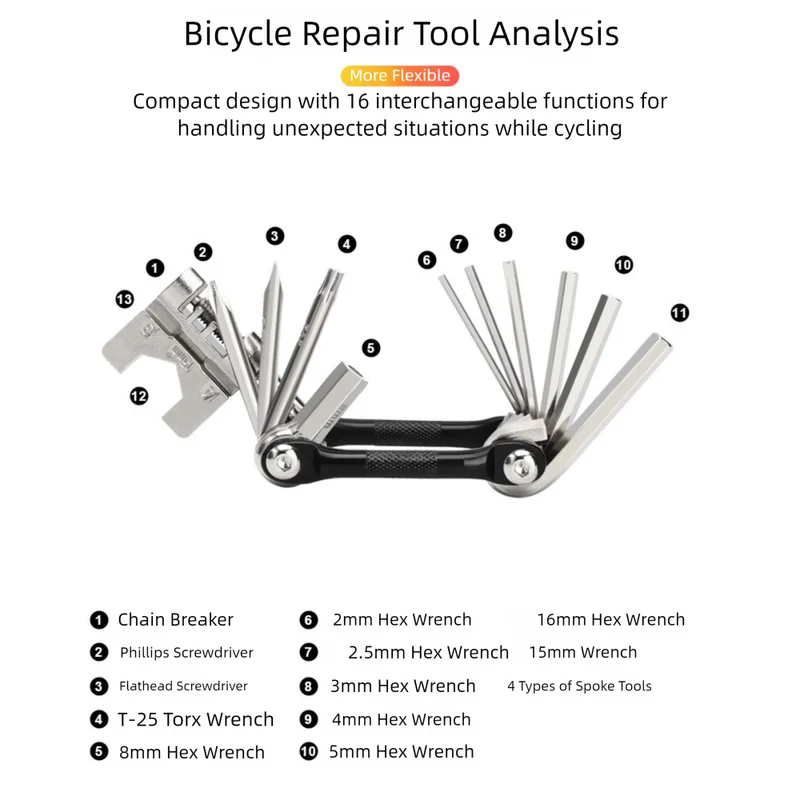 Black and Silver 16 in 1 Bicycle Repair Multi Tool