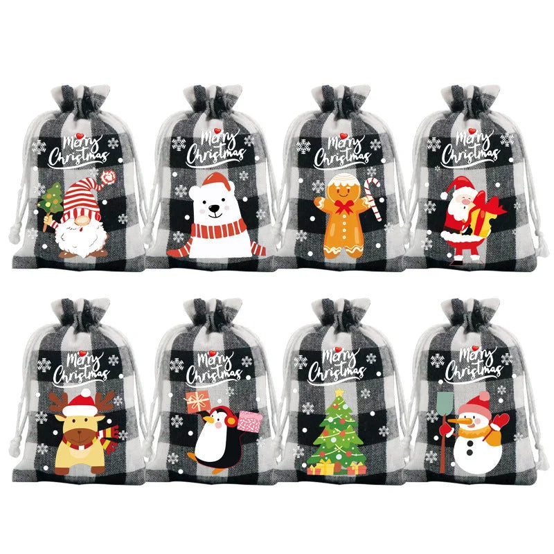 Black and white checkered Christmas Gift Drawstring Bags