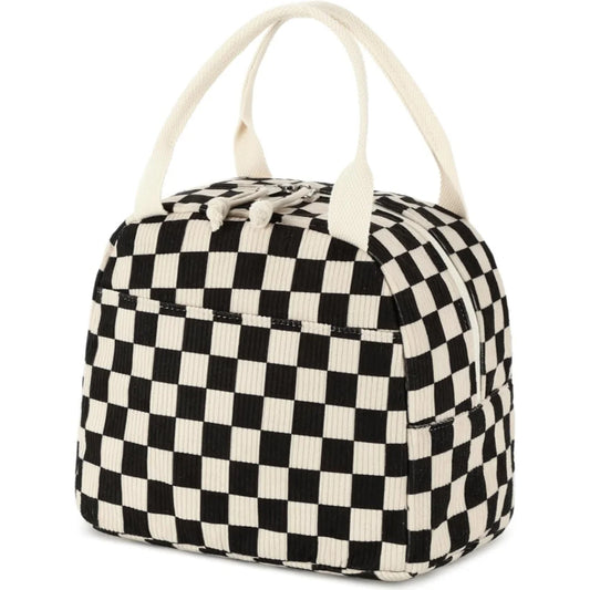 Black and White Checkered Pattern Corduroy Lunch Bag