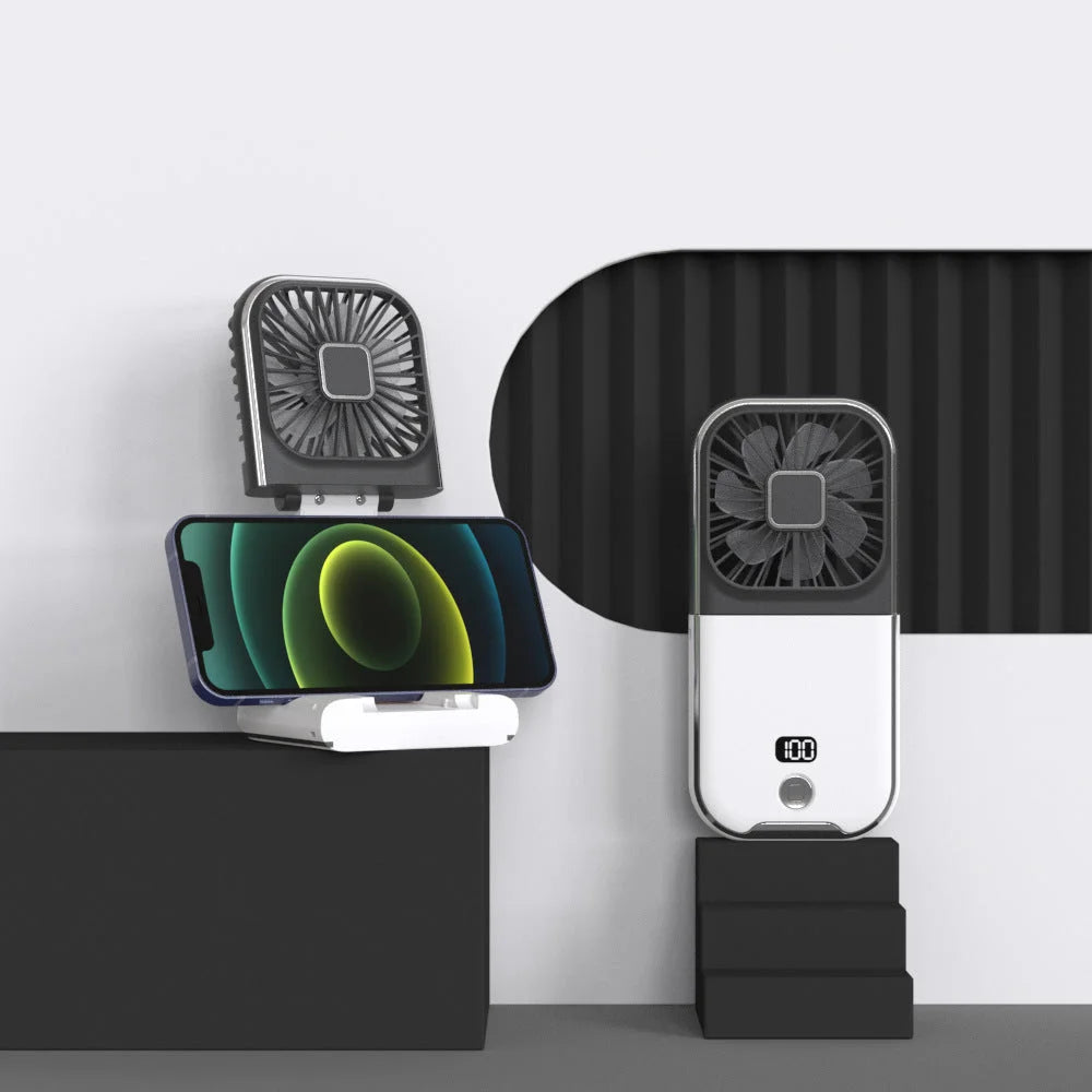 Black and white color Portable Handheld Fan with Neck Strap