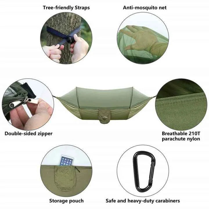 Black Automatic Pop-Up Mosquito Net Hammock - 200kg Load