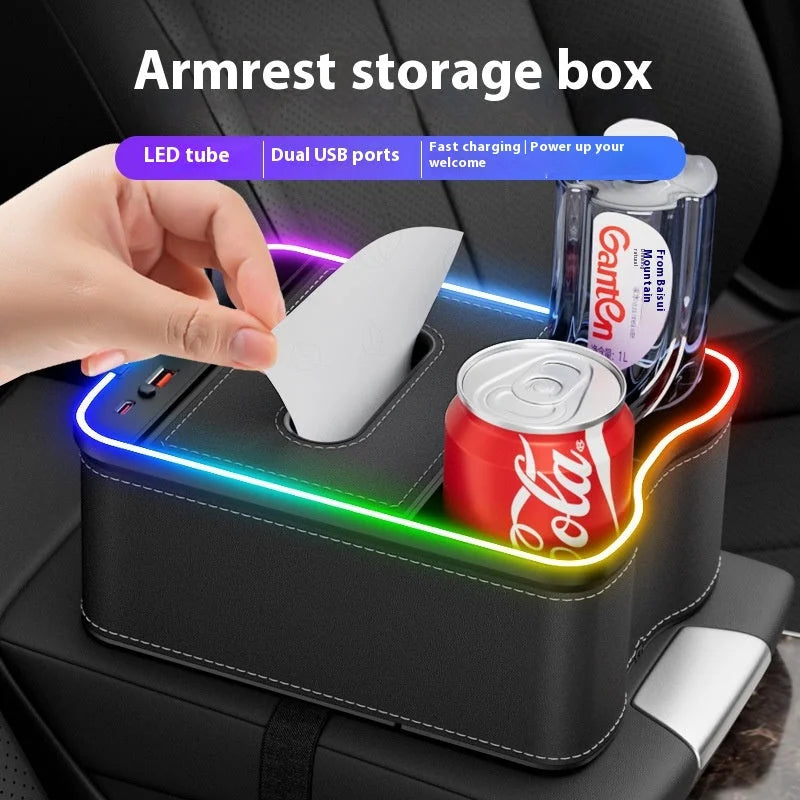Black Car Armrest Storage Box with LED Ambient Light