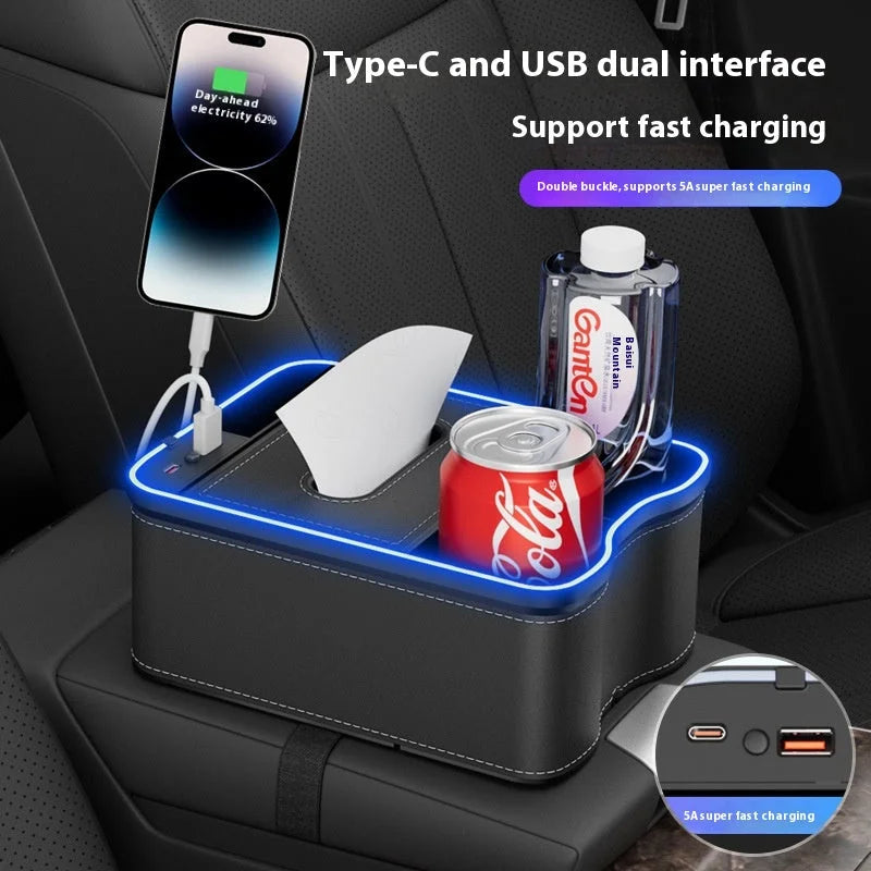 Black Car Armrest Storage Box with LED Ambient Light