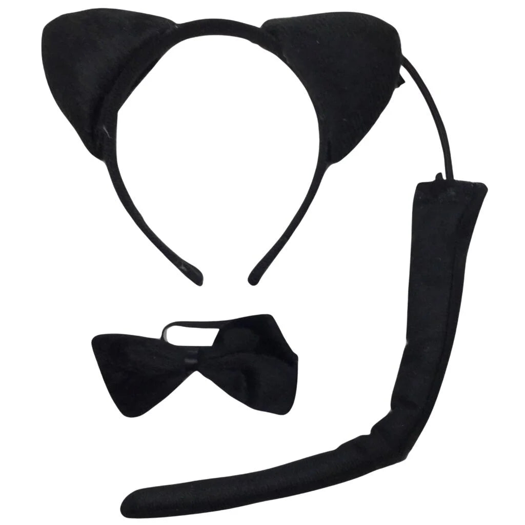 BLACK CAT EARS HEADBAND w Bow Tail Animal Costume Halloween