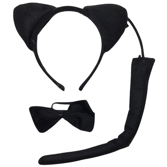 BLACK CAT EARS HEADBAND w Bow Tail Animal Costume Halloween