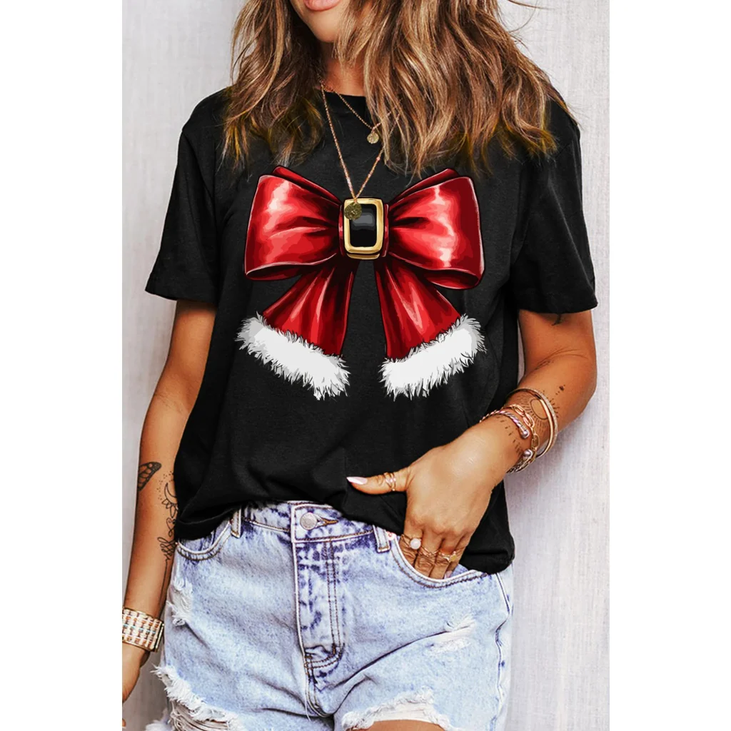 Black Christmas Big Bowknot Graphic Crewneck T Shirt - 2XL