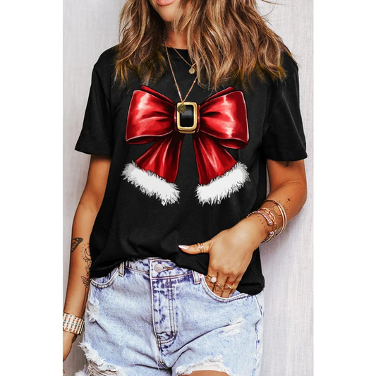 Black Christmas Big Bowknot Graphic Crewneck T Shirt - 2XL