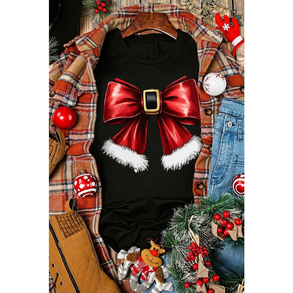 Black Christmas Big Bowknot Graphic Crewneck T Shirt - S
