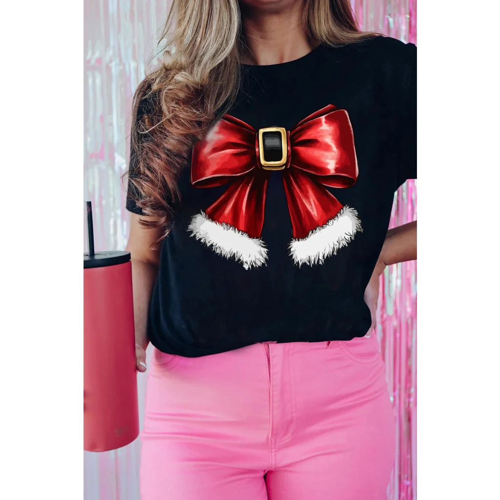 Black Christmas Big Bowknot Graphic Crewneck T Shirt - XL