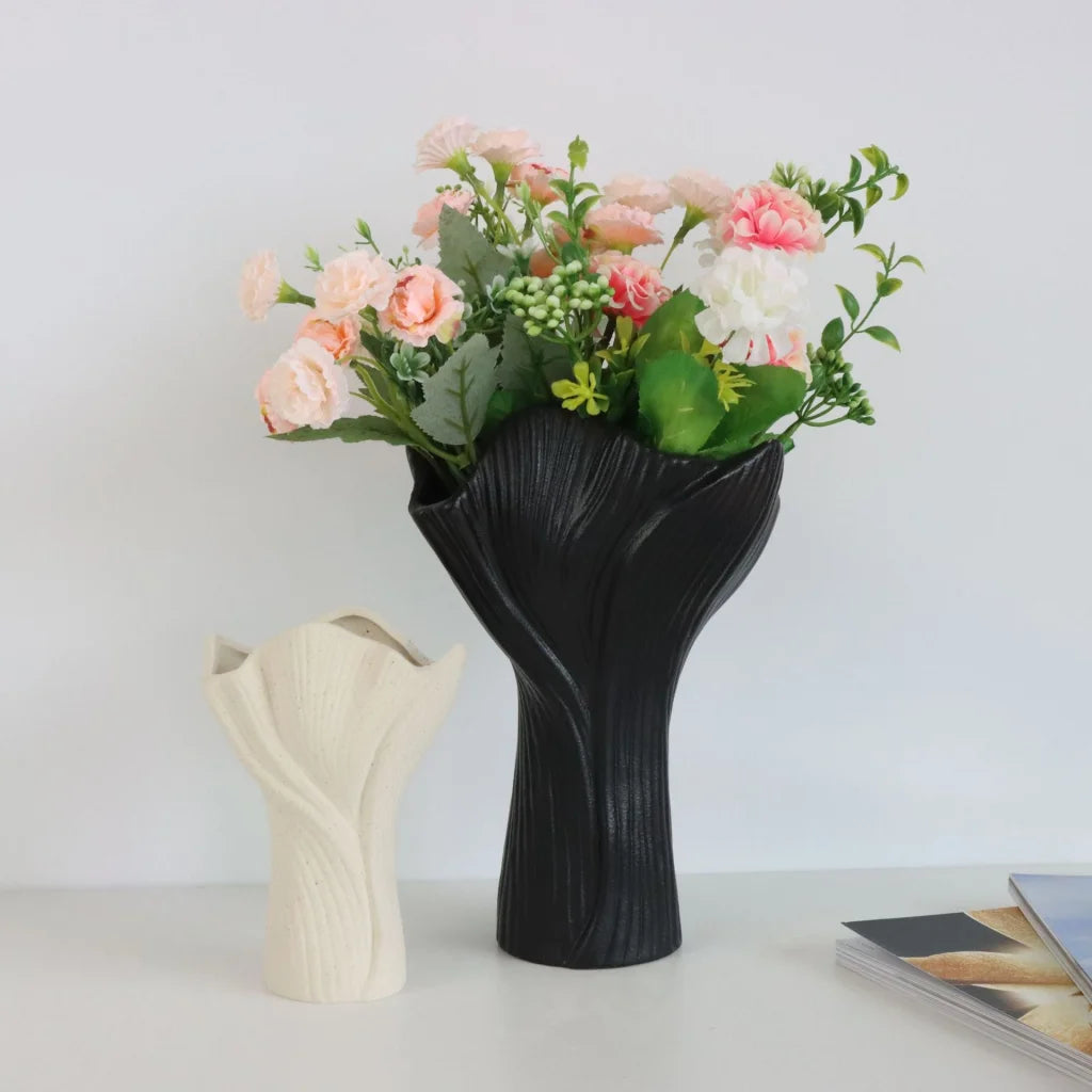 Black Elegant Off-White Ceramic Vase - Modern Sculptural