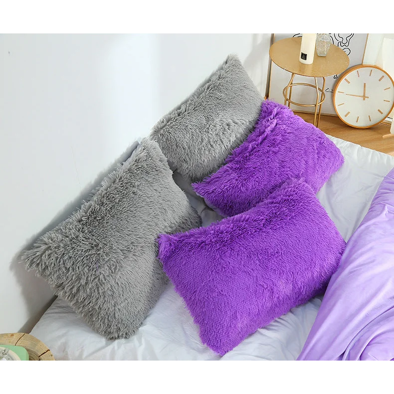 Black Faux Fur Pillowcase Set - Crystal Velvet Plush Throw