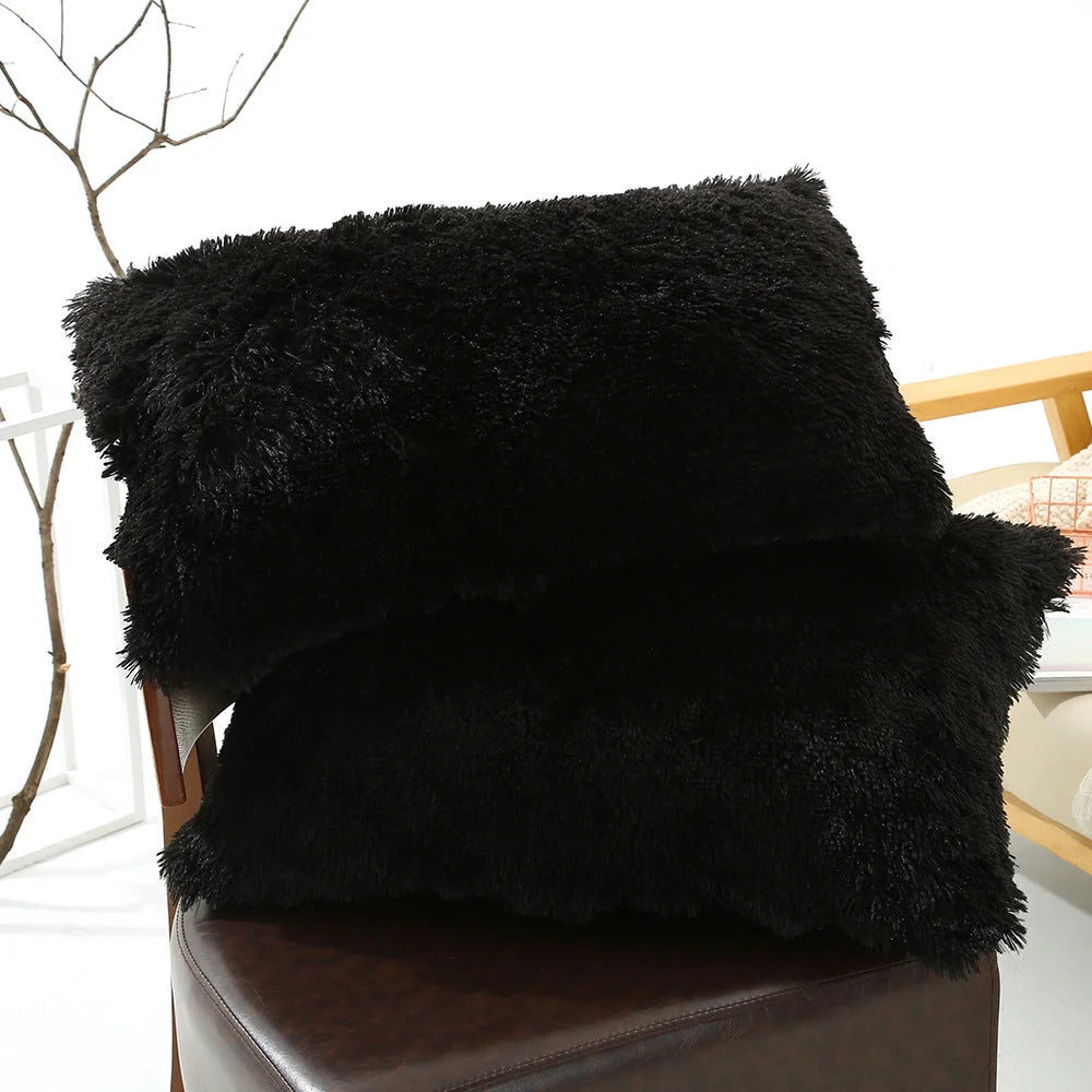 Black Faux Fur Pillowcase Set - Crystal Velvet Plush Throw
