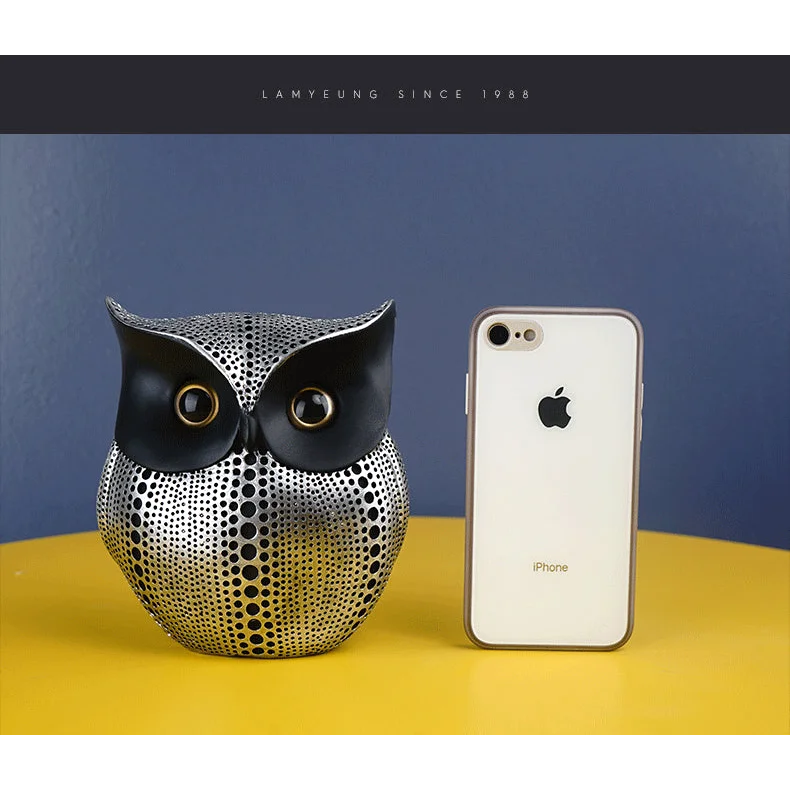 Black gold resin owl statue - modern perforated design