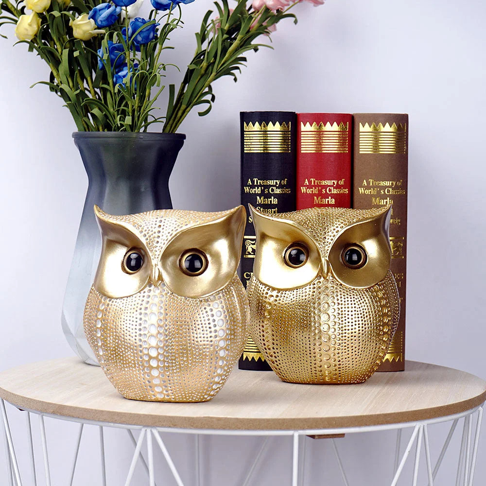 Black gold resin owl statue - modern perforated design