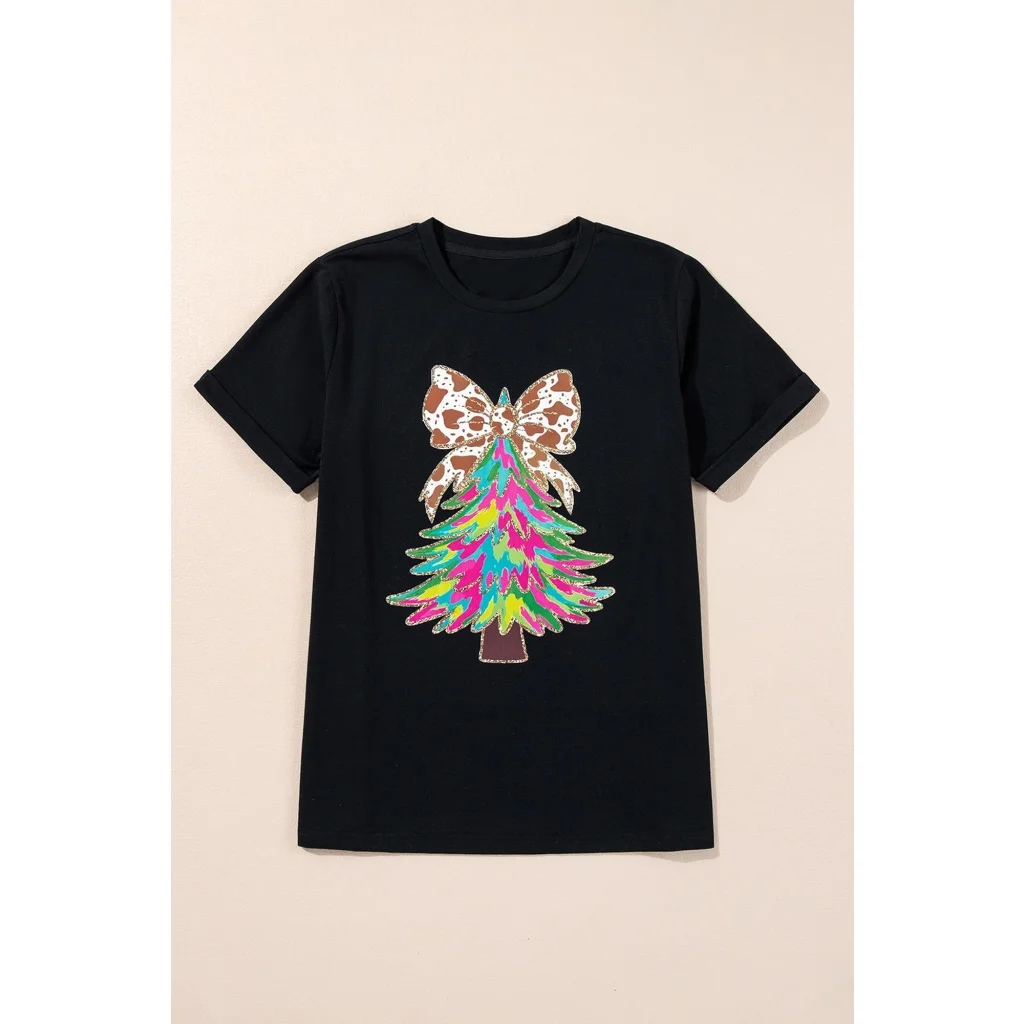 Black Heat Transfer Printing Christmas Tree Bowknot T-Shirt