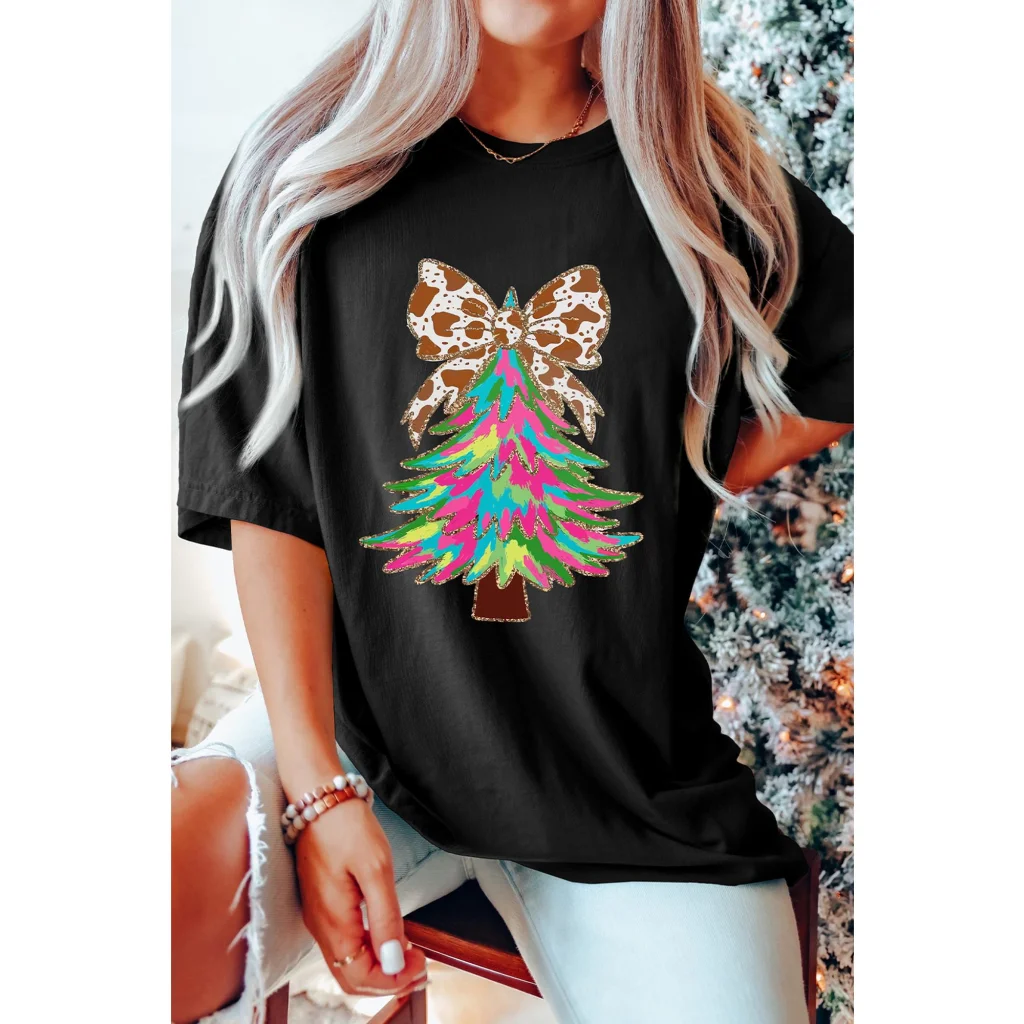 Black Heat Transfer Printing Christmas Tree Bowknot T-Shirt