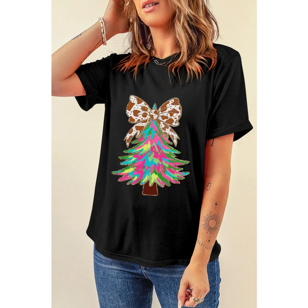 Black Heat Transfer Printing Christmas Tree Bowknot T-Shirt