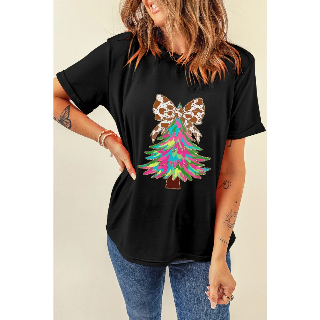 Black Heat Transfer Printing Christmas Tree Bowknot T-Shirt