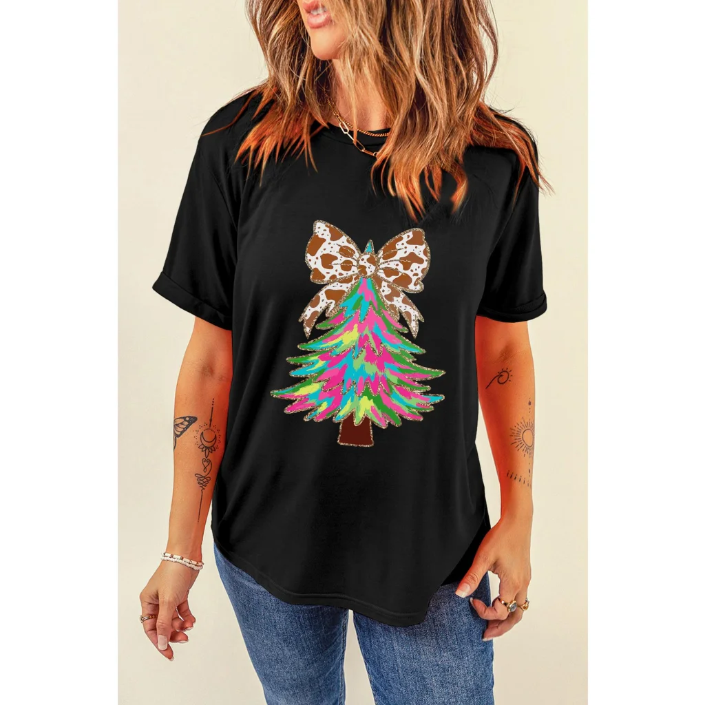 Black Heat Transfer Printing Christmas Tree Bowknot T-Shirt