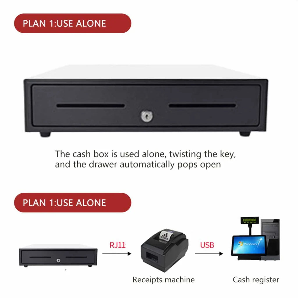 Black Heavy Duty Cash Drawer Electronic 4 Bills 8 Coins Cheque Slot Tray POS 410 - Premium