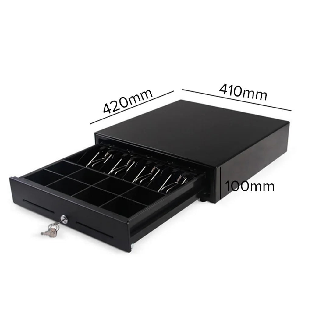 Black Heavy Duty Cash Drawer Electronic 4 Bills 8 Coins Cheque Slot Tray POS 410 - Premium
