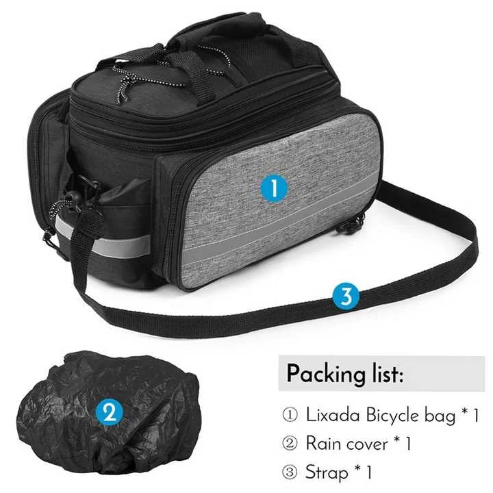 Black Insulated Bike Rear Rack Bag - Waterproof Storage Bag