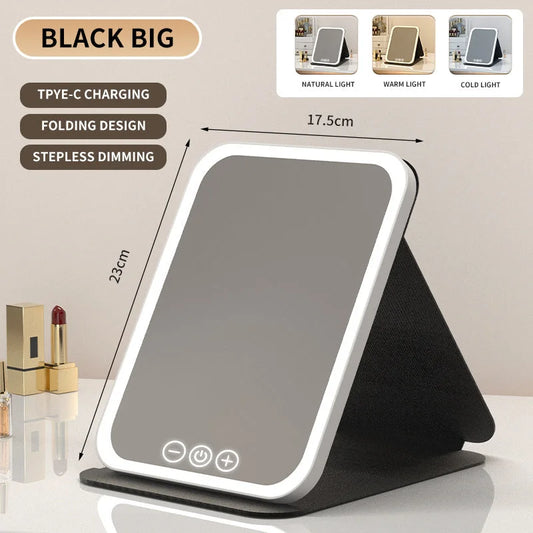 Black Large Foldable LED Makeup Mirror - Portable Desktop