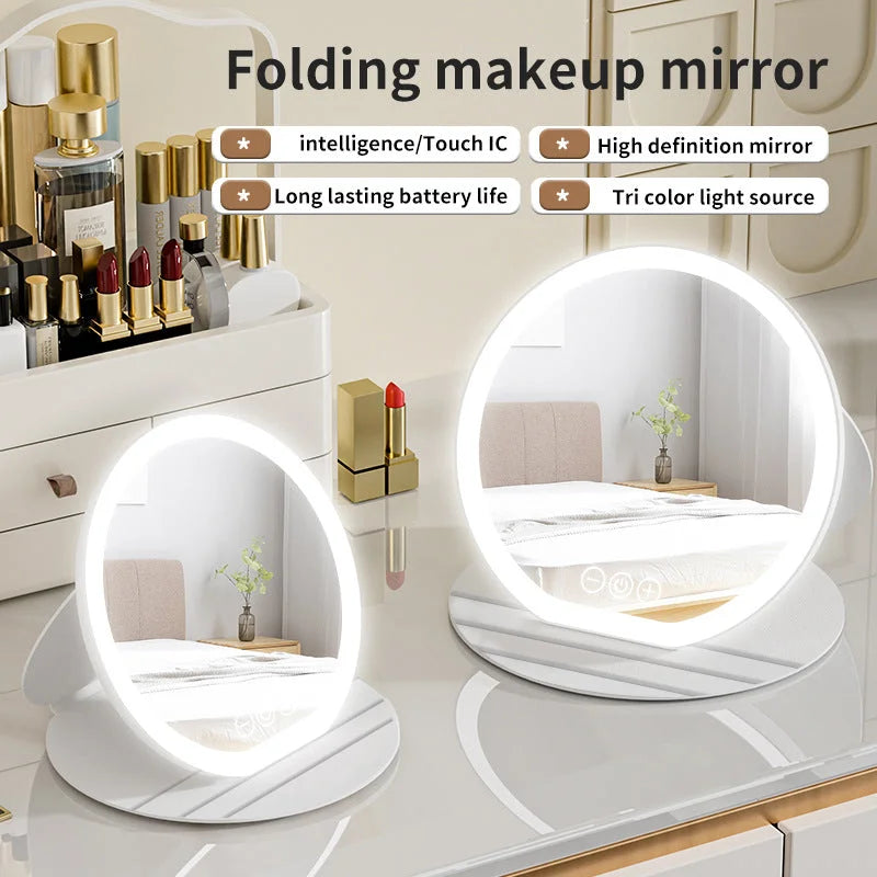 Black Large Round Foldable LED Makeup Mirror - 22cm Desktop