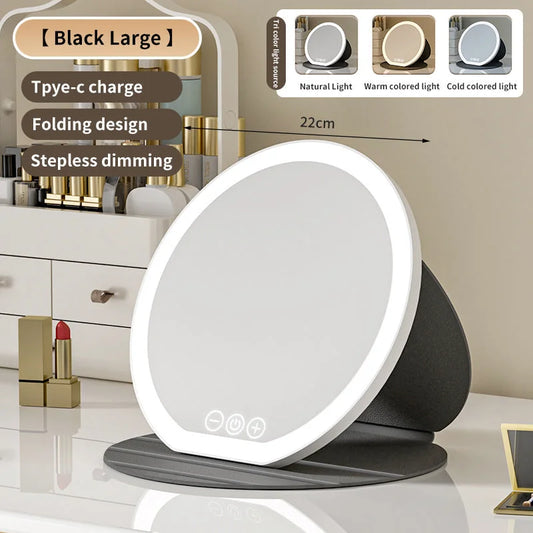 Black Large Round Foldable LED Makeup Mirror - 22cm Desktop