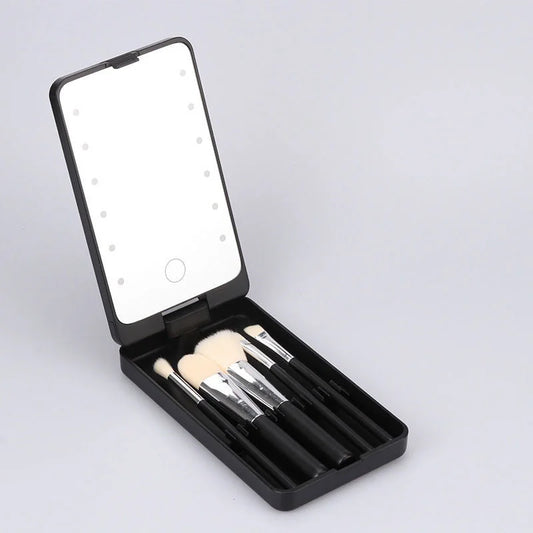 Black LED Lighted Makeup Mirror with 5-Piece Cosmetic Brush