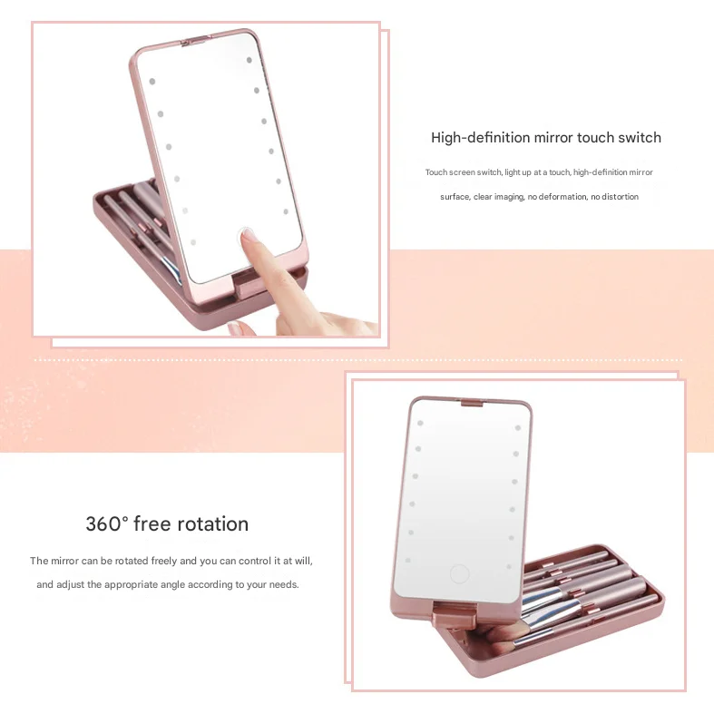 Black LED Lighted Makeup Mirror with 5-Piece Cosmetic Brush