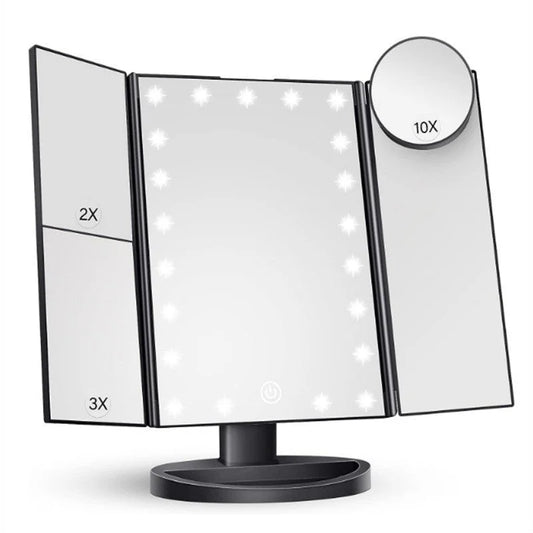 Black LED Lighted Tri-Fold Vanity Mirror with 2X/3X/10X